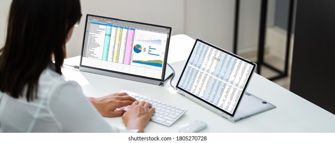 Analyst Employee Working With Spreadsheet Report On Screen