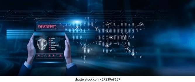 Analyst holding a tablet with cybersecurity data on the screen: threat detection, protection systems, vulnerability monitoring, secure network defense, digital infrastructure risk management.