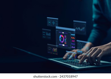 analyst manages the system database, and analysis data plans, and reports. shows a dashboard chart on the computer. research on platform digital technology. analytics business concept