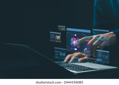 analyst manages the system database, analysis data plans, and reports. shows a dashboard chart on the computer. concept of analytics business, research on platform digital technology
