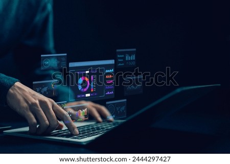 analyst manages the system database, analysis data plans, and reports. shows a dashboard chart on the computer. concept of analytics business, research on platform digital technology
