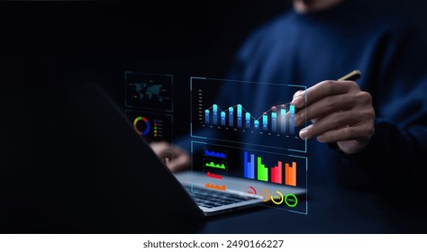 analyst manages the system database, analytics business and reports on the computer. concept of analysis data plans shows a dashboard chart, research on platform digital technology