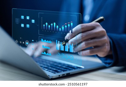 analyst manages the system database and reports research on the platform's digital technology. concept of analysis data plans to show a dashboard chart on the computer, analytics business