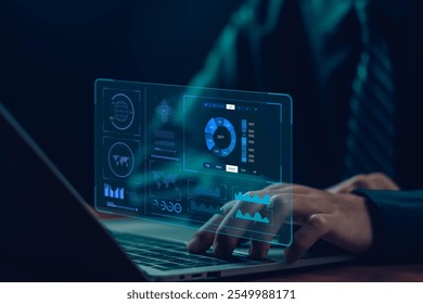 analyst manages the system database reports analyzes data plans and shows a dashboard chart on the computer. concept of research on platform digital technology, analytics business