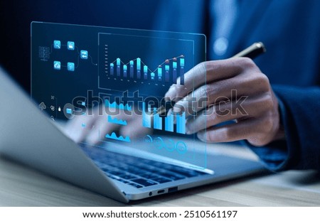 analyst manages the system database and reports research on the platform's digital technology. concept of analysis data plans to show a dashboard chart on the computer, analytics business