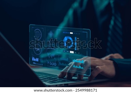 analyst manages the system database reports analyzes data plans and shows a dashboard chart on the computer. concept of research on platform digital technology, analytics business