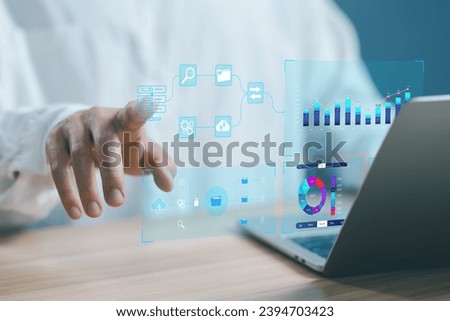 analyst manages the system database and shows a dashboard chart on the computer. concept analytics business, and report, analysis data plan, research on platform digital technology