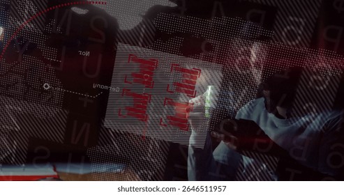 Analyst marking red charts on glass board at office in sweater pants holding smartphone, copy space. Data visualization, digital interface, business intelligence, modern workspace, analytics,