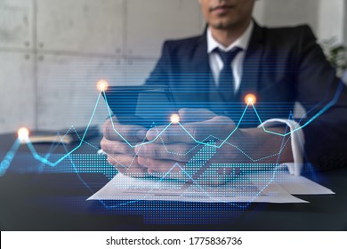 Analyst in office working with Smartphone, Data forecast graph hologram to analyze market behavior, typing phone. Double exposure. - Shutterstock ID 1775836736