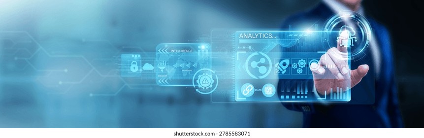 Analyst pointing at Big data on a digital screen. Processing massive datasets, predictive analytics, and information insights. Transforming raw digital records into strategic intelligence.