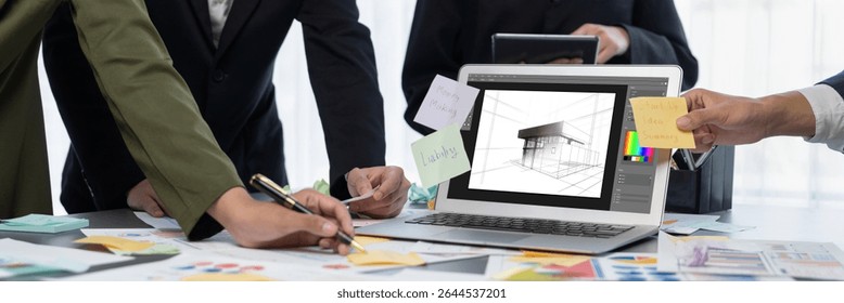 Analyst team use sticky note for creative and analytic brainstorm for business idea with BI data dashboard on laptop screen. Analysis financial data visualization tech for marketing strategy. Prodigy