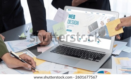 Analyst team use sticky note for creative and analytic brainstorm for business idea with BI data dashboard on laptop screen. Analysis financial data visualization tech for marketing strategy. Prodigy