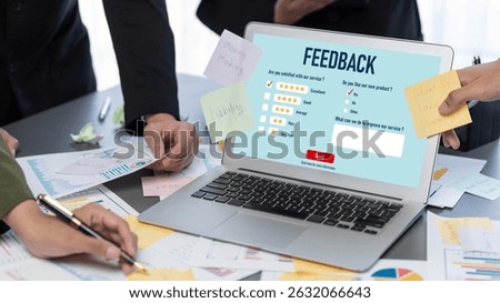 Analyst team use sticky note for creative and analytic brainstorm for business idea with BI data dashboard on laptop screen. Analysis financial data visualization tech for marketing strategy. Prodigy