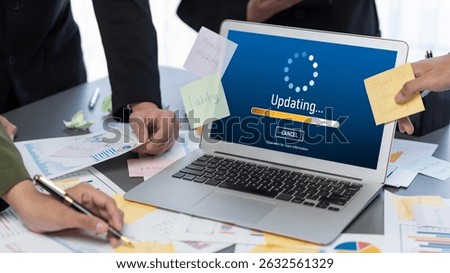 Analyst team use sticky note for creative and analytic brainstorm for business idea with BI data dashboard on laptop screen. Analysis financial data visualization tech for marketing strategy. Prodigy