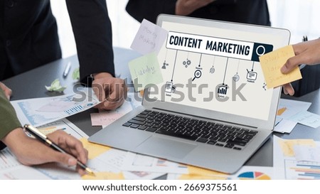 Analyst team use sticky note for creative and analytic brainstorm for business idea with BI data dashboard on laptop screen. Analysis financial data visualization tech for marketing strategy. Prodigy