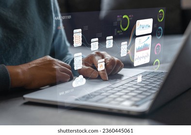 Analyst use laptop working with business analytics and data management system, make a report with KPI and metrics connected to database.Corporate strategy for finance, operations, sales, marketing - Powered by Shutterstock