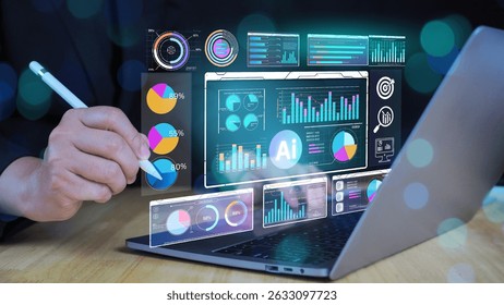 An analyst uses a computer and Ai technology dashboard for data business analysis and Data Management System, Customers database, gather information to report. Data science and digital marketing