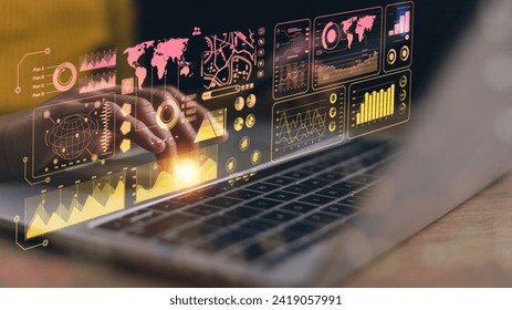 An analyst uses a computer and dashboard for data business analysis and a Data Management System with KPI and metrics connected to the database for technology finance, operations, sales, marketing