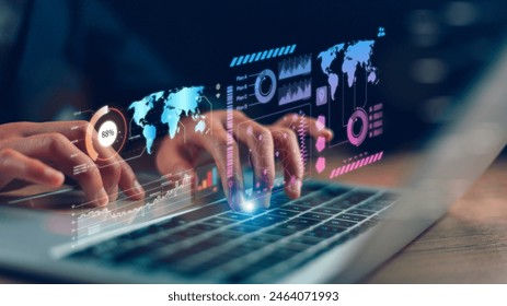 An analyst uses a computer and dashboard for data business analysis and a Data Management System with KPI and metrics connected to the database for technology finance, operations, sales, marketing