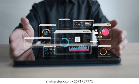 An analyst uses a computer and dashboard for data business analysis and Data Management System with KPI