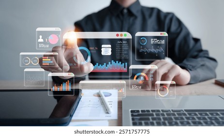 An analyst uses a computer and dashboard for data business analysis and Data Management System with KPI