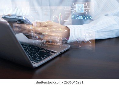 An analyst uses a computer and dashboard for data business analysis and Data Management System, Customers database, gather information to report. Data science technology and digital marketing
