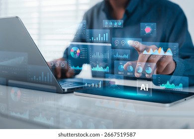 An analyst uses a computer and dashboard for data business analysis and Data Management System with KPI and metrics connected to the database for technology finance, operations, sales, SEO marketing