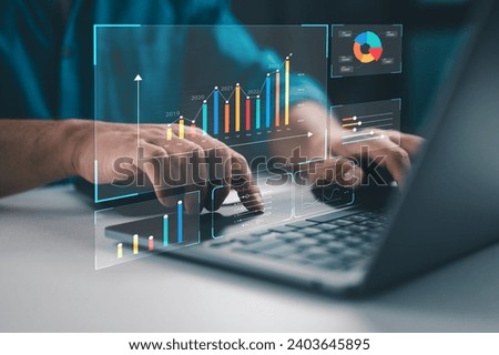Analyst uses computer with dashboard for data business analysis, Data Management System with KPI and metrics connected to the database for technology finance, operations, sales, marketing online.