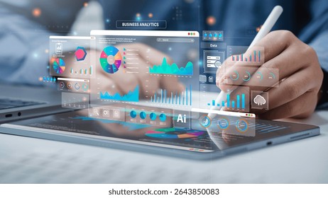 An analyst uses Data analytics automated with AI technology. Business analysis dashboard report, Data science visualization,artificial intelligence automation. Operations charts and KPI insights. 