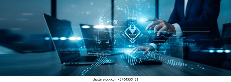 Analyst using laptop with analysis data Geographic Information System mapping terrain analyzing spatial data supporting planning enhancing navigation improving decision-making, and geographic insights