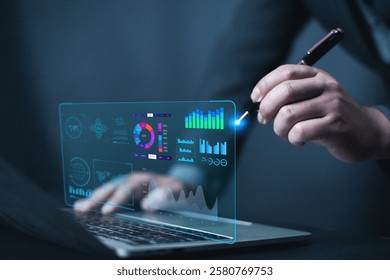 Analyst using laptop to analyze data. shows a dashboard chart for business data analysis and metrics connected to the database for digital technology finance, Analytics concept, Social network