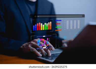 Analyst using laptop to analyze data. shows a dashboard chart for business data analysis and metrics connected to the database for digital technology finance, Analytics concept, Social network, operat