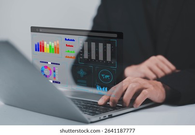 Analyst using laptop to analyze data. shows a dashboard chart for business data analysis and metrics connected to the database for digital technology finance, Analytics concept, Social network, operat