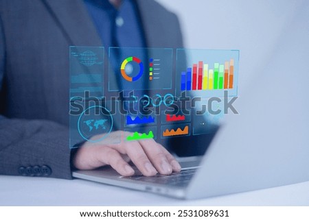 Analyst using laptop to analyze data. shows a dashboard chart for business data analysis and metrics connected to the database for digital technology finance, Analytics concept, Social network, operat