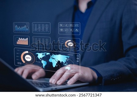 Analyst using laptop to analyze data. Shows a dashboard chart for data analysis metrics connected to the database for digital technology, Analytics concept, Social network, operations