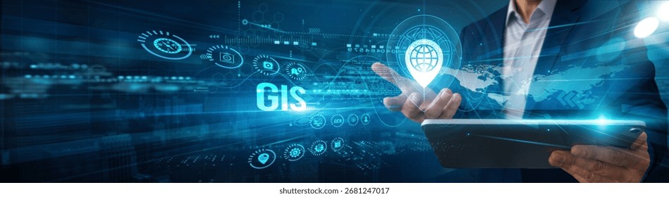 Analyst using tablet analyzing GIS mapping data geolocation, spatial automation visualization integration monitoring planning performance solutions.