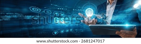 Analyst using tablet analyzing GIS mapping data geolocation, spatial automation visualization integration monitoring planning performance solutions.