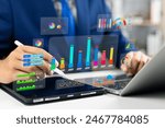 Analyst utilizing technology and dashboard with charts data science and Big Data technology for business, Strategic data management system with KPI organization performance with technology and metrics