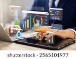 Analyst utilizing technology and dashboard with charts data science and Big Data technology for business, Strategic data management system with KPI organization performance with technology and metrics