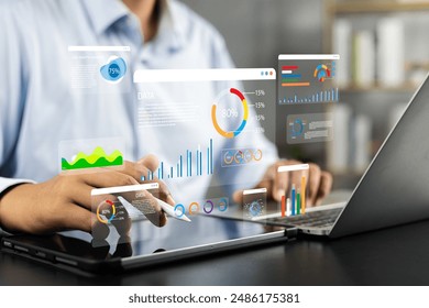 Analyst utilizing technology and dashboard with charts data science and Big Data technology for business, Strategic data management system with KPI organization performance with technology and metrics