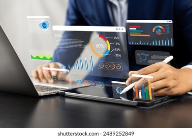 Analyst utilizing technology and dashboard with charts data science and Big Data technology for business, Strategic data management system with KPI organization performance with technology and metrics