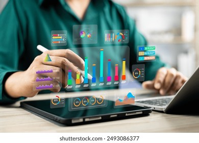 Analyst utilizing technology and dashboard with charts data science and Big Data technology for business, Strategic data management system with KPI organization performance with technology and metrics