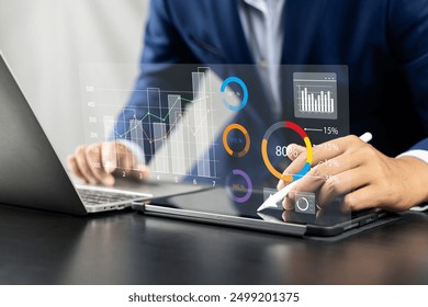 Analyst utilizing technology and dashboard with charts data science and Big Data technology for business, Strategic data management system with KPI organization performance with technology and metrics