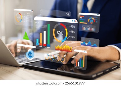 Analyst utilizing technology and dashboard with charts data science and Big Data technology for business, Strategic data management system with KPI organization performance with technology and metrics