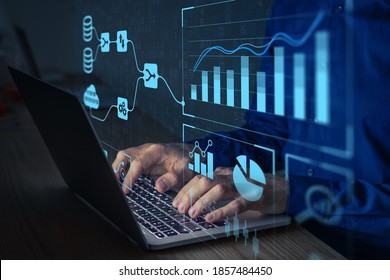 Аналитик работает с системой бизнес-аналитики и управления данными на компьютере, чтобы составить отчет с KPI и метриками, подключенными к базе данных. Корпоративная стратегия в области финансов, операций, продаж, маркетинга