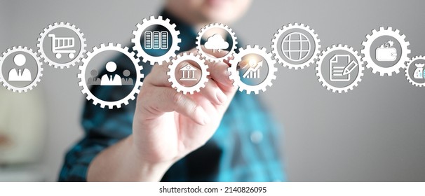 Analyst Working With Business Analytics And Data Management System On Computer To Make Report With KPI And Metrics Connected To Database. Corporate Strategy For Finance, Operations, Sales, Marketing