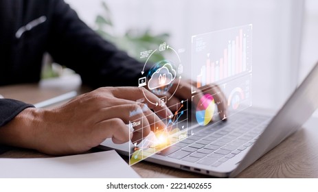 Analyst working with Business Analytics and Data Management System on computer, make a report with KPI and metrics connected to database. Corporate strategy for finance, operations, sales, marketing.