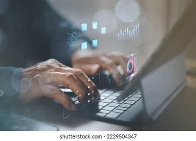 Analyst working with Business Analytics and Data Management System on computer, make a report with KPI and metrics connected to database. Corporate strategy for finance, operations, sales, marketing.