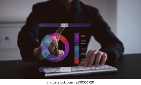 Analyst working and Business Analytics   Data Management System computer  make report and KPI   metrics connected to database  Corporate strategy for finance  operations  sales  marketing 
