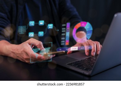 Analyst working with Business Analytics and Data Management System on computer, make a report with KPI and metrics connected to database. Corporate strategy for finance, operations, sales, marketing.